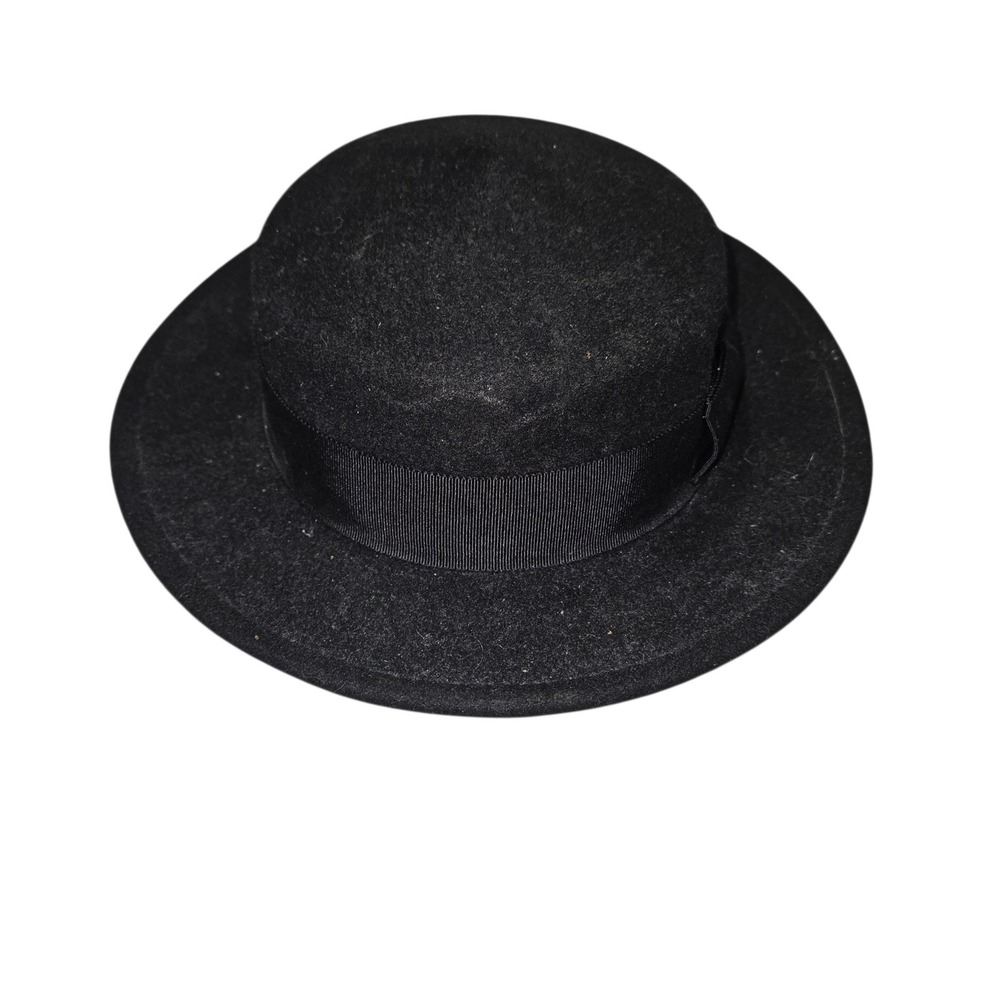 VTG 100% Wool Boater Skimmer Hat Black Grosgrain Ribbon Sz M/L RN 36791